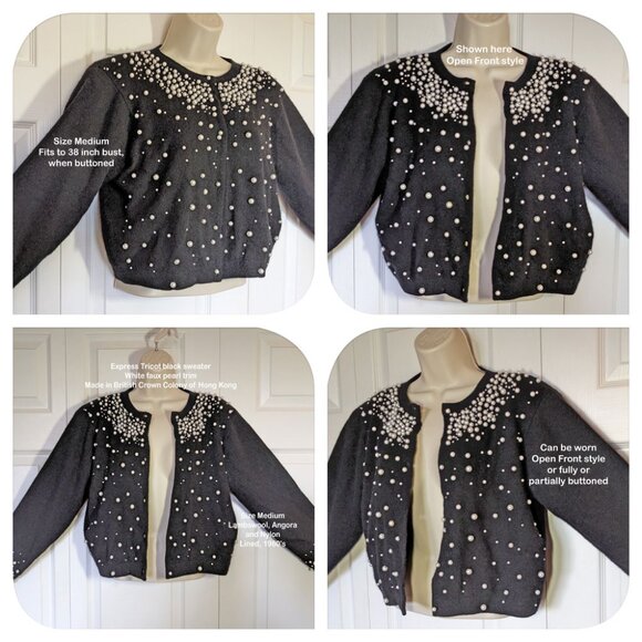 Express Tricot black sweater, White faux pearl trim Made British Crown Hong Kong - Picture 8 of 17